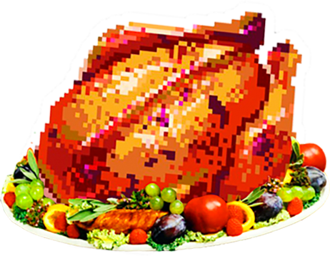 A 2D pixelated dress turkey, that looks like it is from an old school video game, is set on the table. It's style portrays a certain silliness. It is meant to evoke the suggestion of a larger group of people feasting on a big turkey dinner but in a fun, informal way. There is a Tablescaping hover over the image which takes you to the part of Meghan's site where you can talk tablescaping, plan a meal together for you or your company.