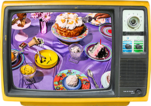 A yellow vintage TV sits on top of the mint sidetable, there are knobs to adjust the volume and channel. On the screen there is tablescaping setup dedicated to ice cream. In the scene is a shiney purple tablecloth filled with dishes of ice cream. There is also a bright yellow ashtray with a half smoked joint in it. Meghan art directed this shoot over Zoom during the first month of the pandemic for a THC/CBD Ice Cream company called Saturated. There is a hover over the TV that says Art Direction, clicking it will take you to a page to explore art direction opportunities with Meghan.
