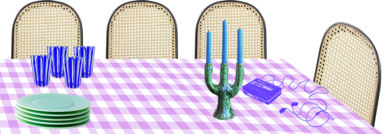 A table sits in the room with a mauve gingham tablecloth, the table goes out of frame but appears that it could seat at least 10 people. Only 4 caned chairs are visible in the room. Entertaining and setting the table are important to Meghan, so the table takes up a fair amount of real estate in the scene.