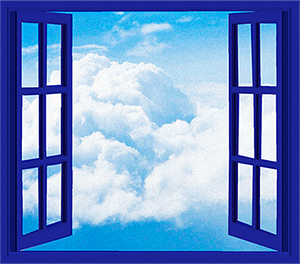 A window is framed in International Klein Blue. It is open slightly into the world. The view of outside the window is of bright, airy, hopeful clouds. It evokes the feeling of endless opportunities and options, collaborating together leads to nothing but blue skies. 